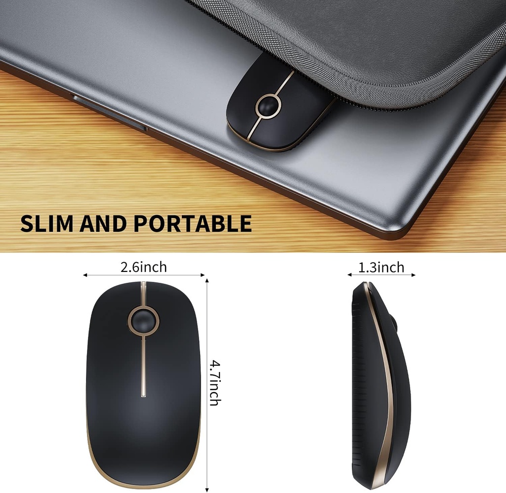 Vssoplor - Mouse inalámbrico, 2.4 G, delgado y portátil, con nano receptor, silencioso y óptico para portátil, PC, laptop, color negro y dorado