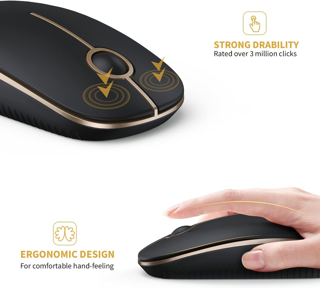 Vssoplor - Mouse inalámbrico, 2.4 G, delgado y portátil, con nano receptor, silencioso y óptico para portátil, PC, laptop, color negro y dorado