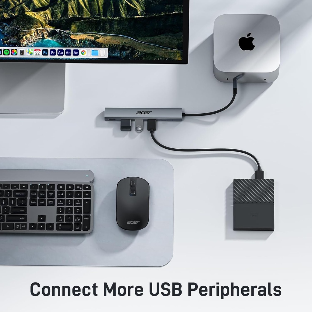 Acer Hub USB C 5 en 1 con HDMI 4K, entrega de energía de 100 W, 3 puertos de datos USB