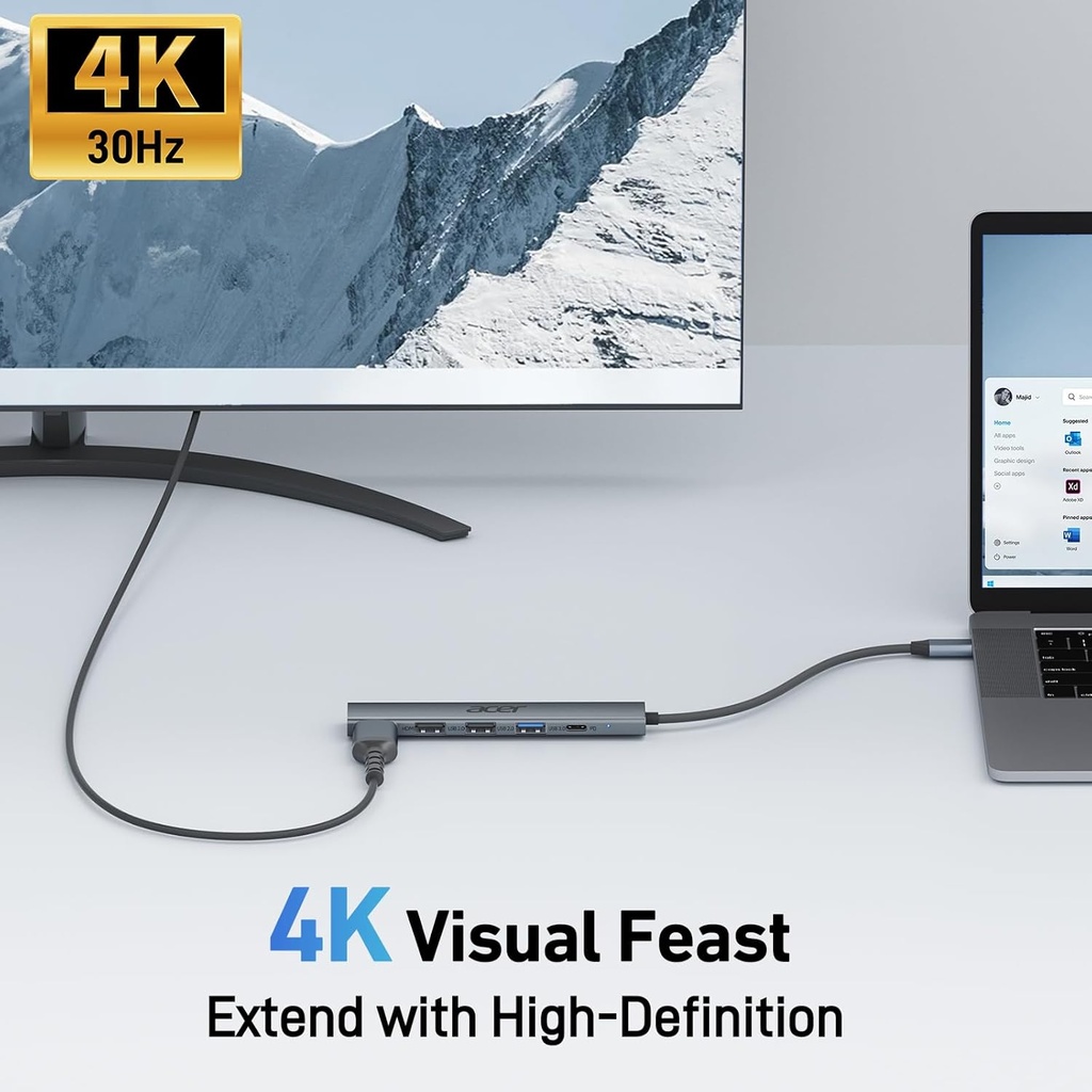 Acer Hub USB C 5 en 1 con HDMI 4K, entrega de energía de 100 W, 3 puertos de datos USB