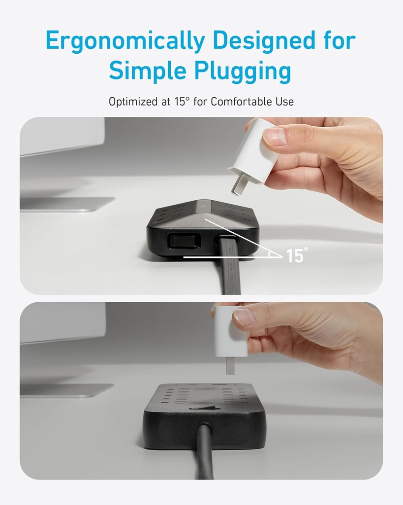 Anker 300J - Regleta de alimentación ultrafina 10 en 1de enchufe plano con 6 CA, 2 puertos USB-A y 2 puertos USB-C, cable de extensión, estación de carga de escritorio para el hogar, oficina