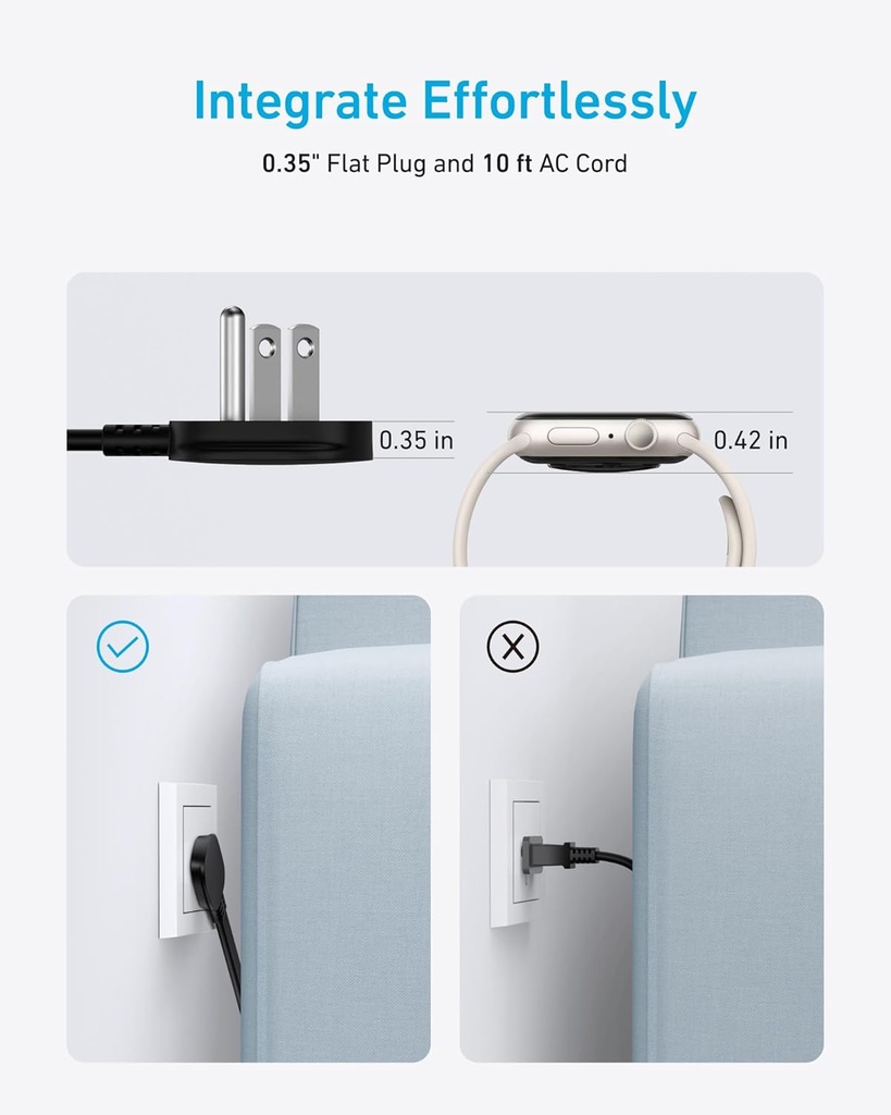 Anker 300J - Regleta de alimentación ultrafina 10 en 1de enchufe plano con 6 CA, 2 puertos USB-A y 2 puertos USB-C, cable de extensión, estación de carga de escritorio para el hogar, oficina