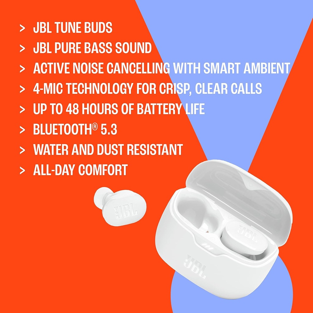 Audifonos Inalámbricos JBL Tune Buds - Cancelación de ruido, sonido JBL Pure Bass, Bluetooth 5.3, Bateria Hasta 48 horas