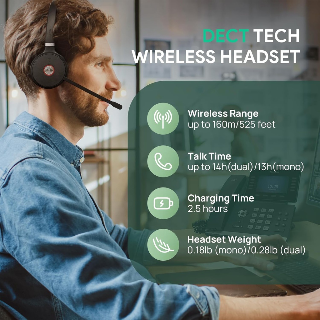 Auriculares inalámbricos duales Yealink WH62 para equipos de Microsoft, DECT con 2 micrófonos de cancelación de ruido para teléfono IP y PC,