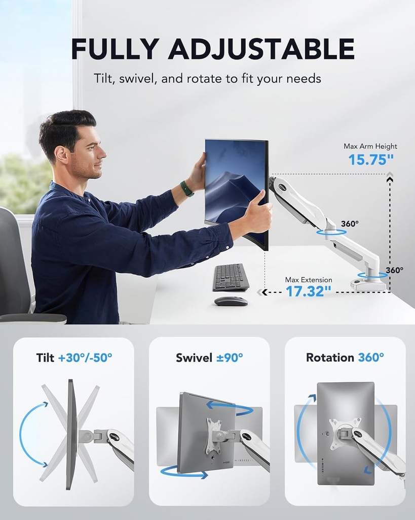 Base Para Monitor HUANUO a GAS Para Monitor 17" a 32" - Hasta 8Kg - (Blanca)