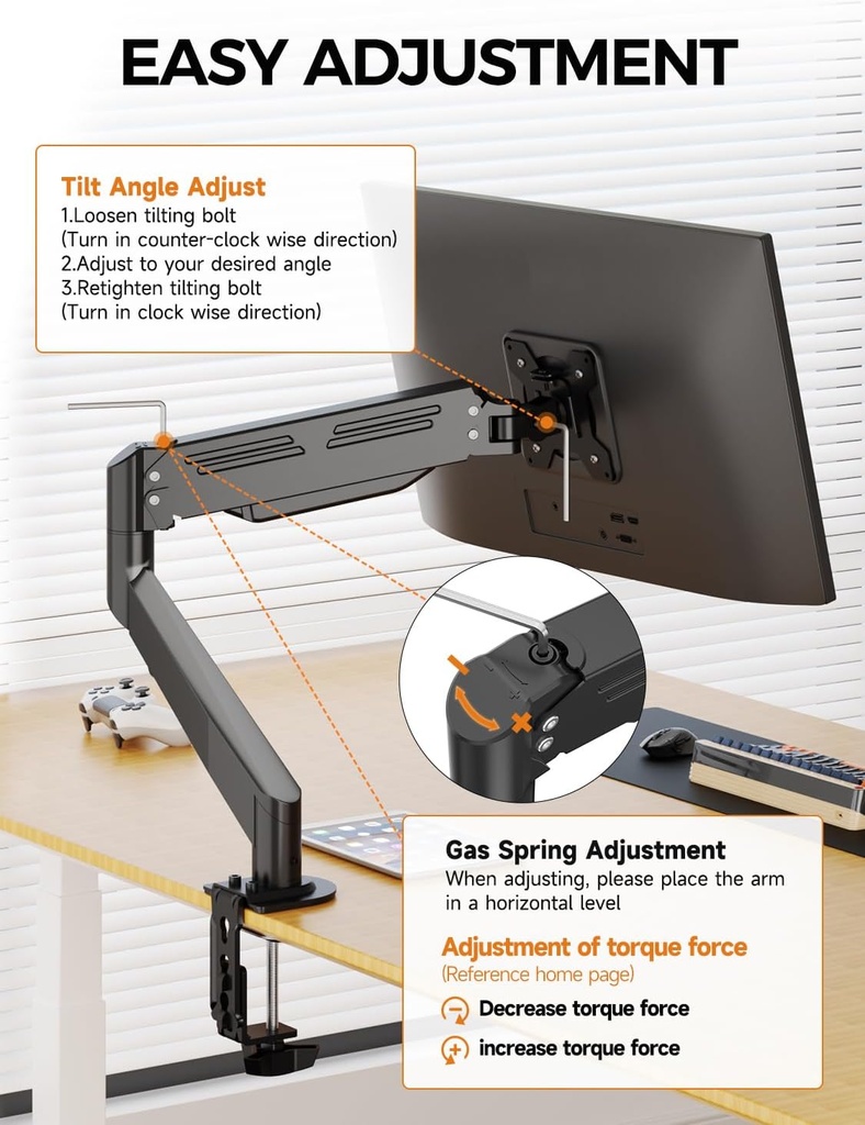 Bracwiser Soporte para monitor de 17 a 32 pulgadas con resorte de gas ajustable, soporte de hasta 22 libras