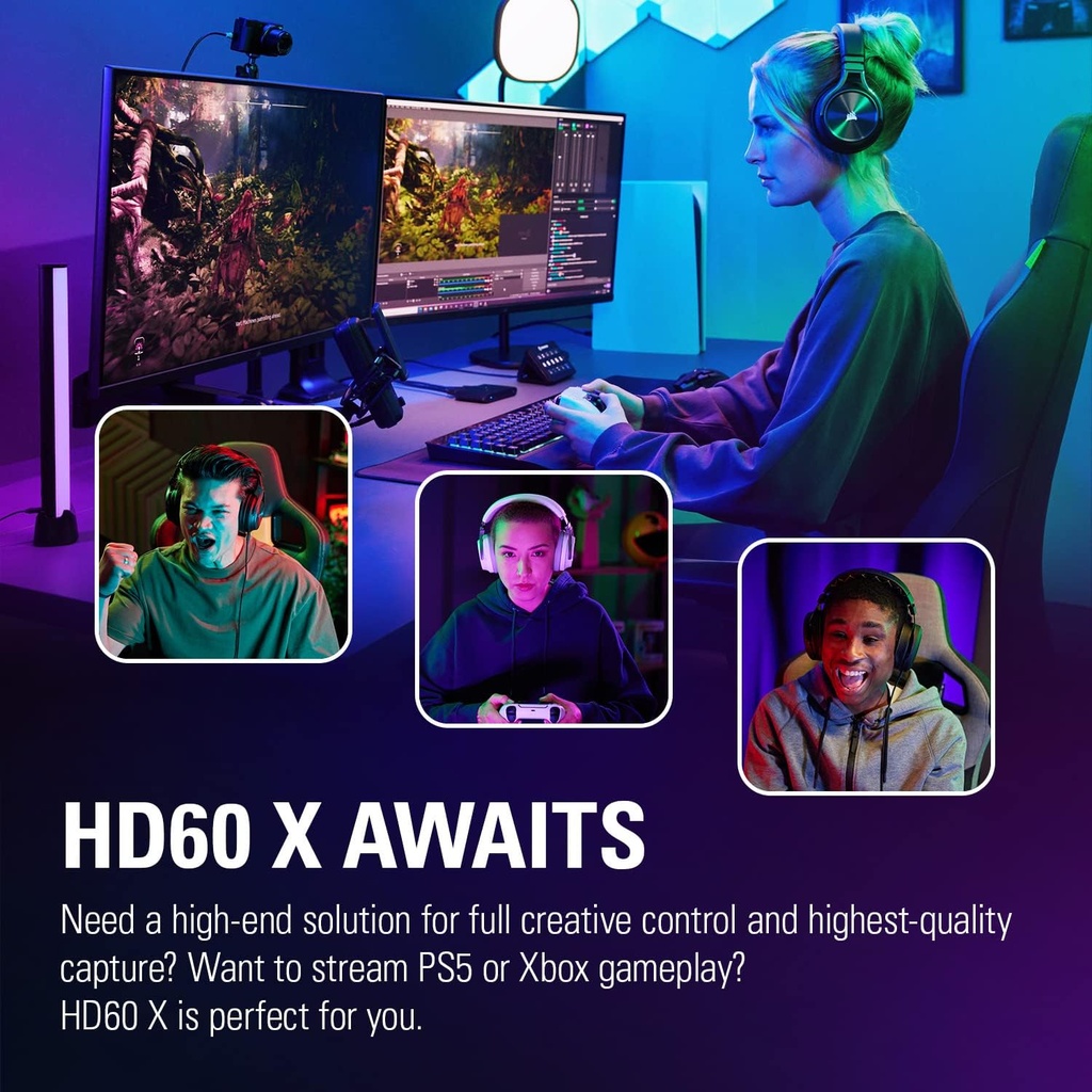 Capturadora Elgato HD60 X – Transmisión/Grabacion 1080p60 HDR10 - 4K30 - Latencia ultra baja - OBS - PS5, PS4/Pro, Xbox Series X/S, Xbox One X/S, PC y Mac.