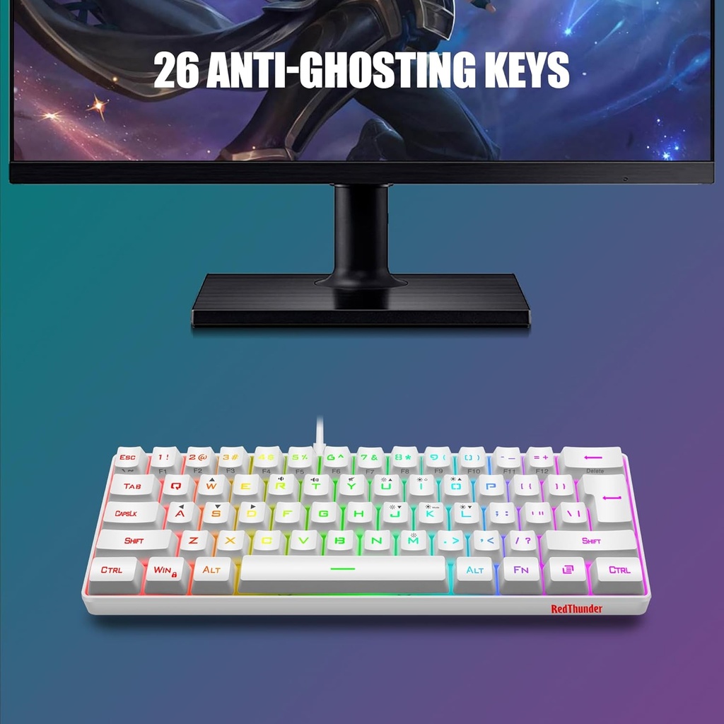 Combo Teclado/Mouse RedThunder - 60% Ligero, ultracompacto 61 teclas con retroiluminación RGB, Mouse 7200 DPI Honeycomb (Blanco)