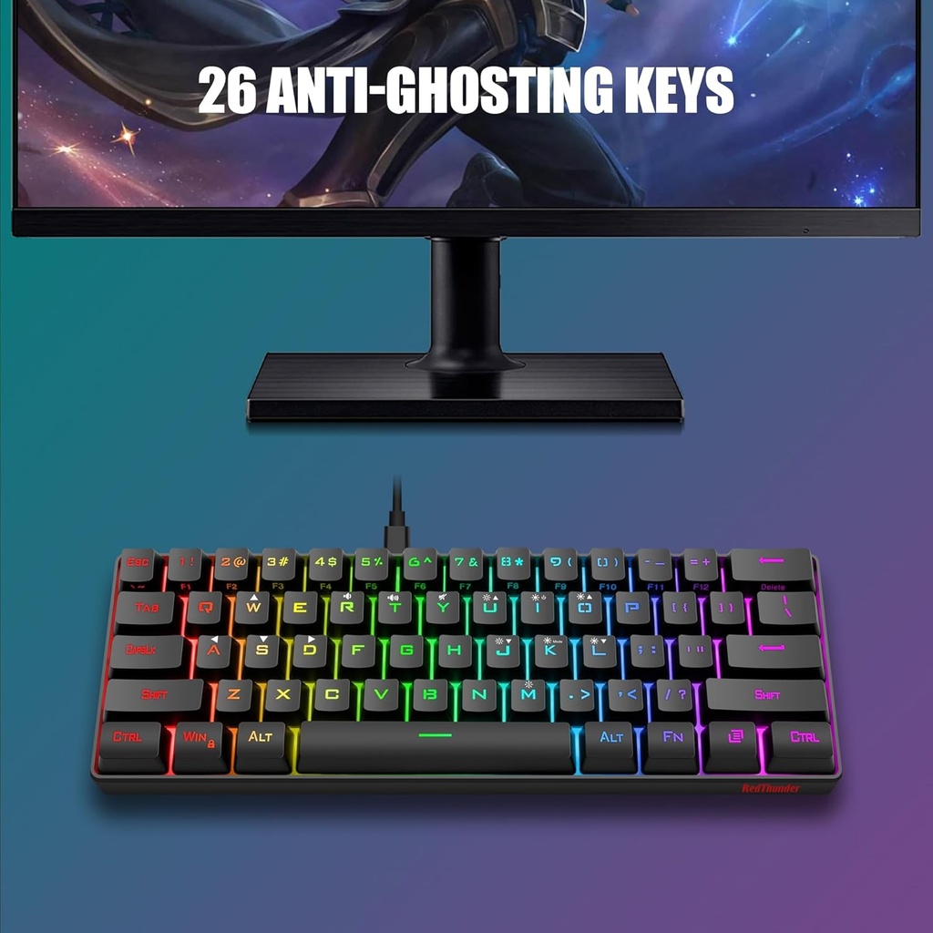 Combo Teclado/Mouse RedThunder - 60% Ligero, ultracompacto 61 teclas con retroiluminación RGB, Mouse 7200 DPI Honeycomb (Negro)