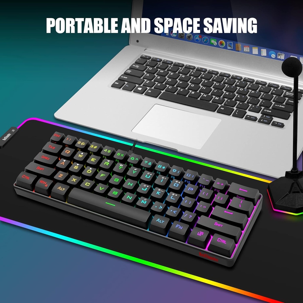 Combo Teclado/Mouse RedThunder - 60% Ligero, ultracompacto 61 teclas con retroiluminación RGB, Mouse 7200 DPI Honeycomb (Negro)