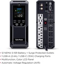 CyberPower CP1500AVRLCD3 Sistema UPS LCD inteligente, 1500VA/900W, 12 tomas, 2 puertos USB, AVR, mini torre, negro