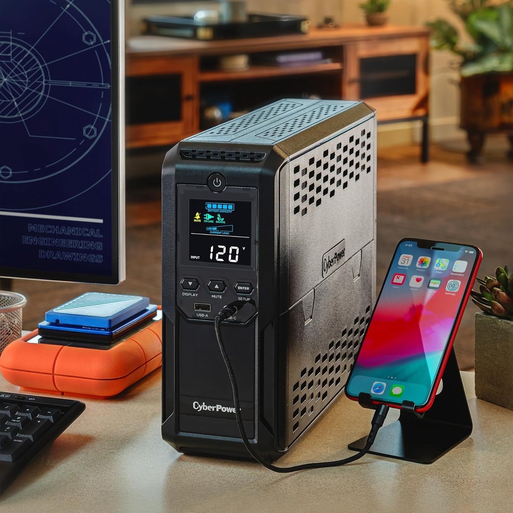 CyberPower CP1500AVRLCD3 Sistema UPS LCD inteligente, 1500VA/900W, 12 tomas, 2 puertos USB, AVR, mini torre, negro