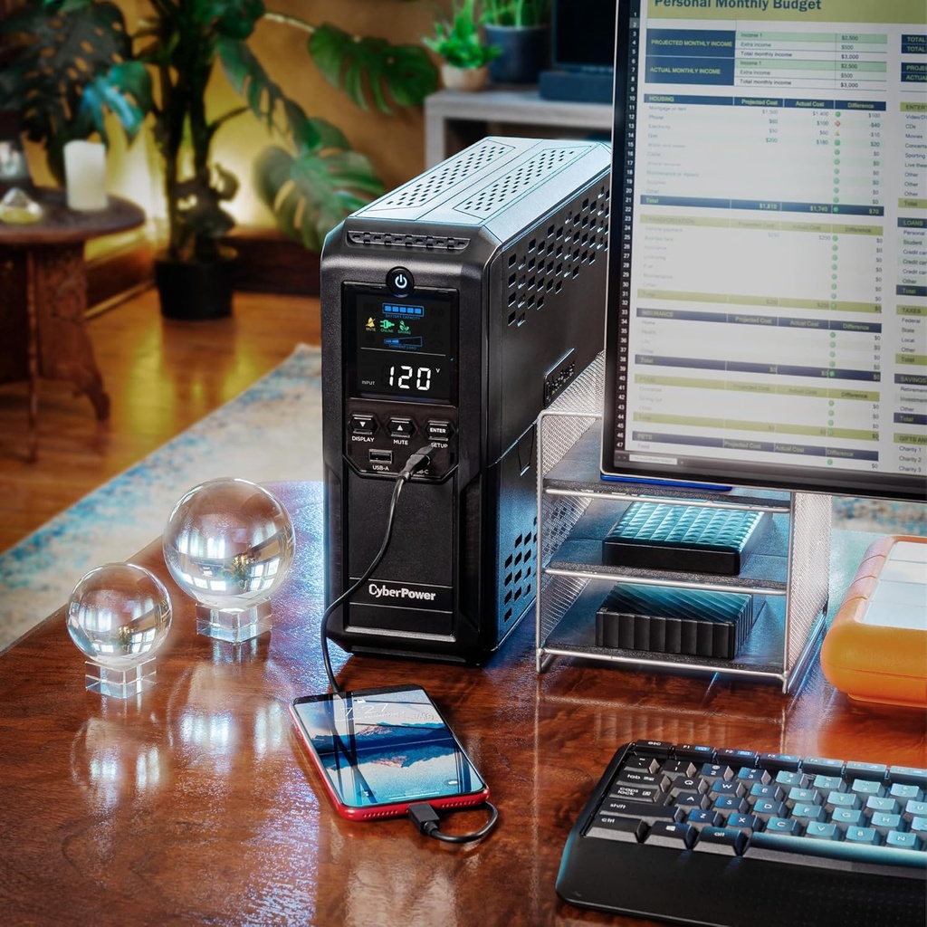 CyberPower CP1500AVRLCD3 Sistema UPS LCD inteligente, 1500VA/900W, 12 tomas, 2 puertos USB, AVR, mini torre, negro