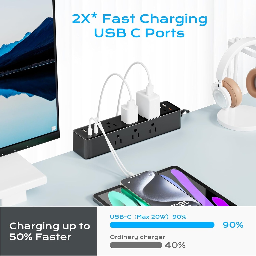 ACOZVIN - Regleta de alimentación con abrazadera de escritorio 17 en 1 con estación de carga rápida de 40 W, enchufe plano de 10 pies 1200J, 9 salidas de CA, 8 puertos USB (4 USB C), toma de