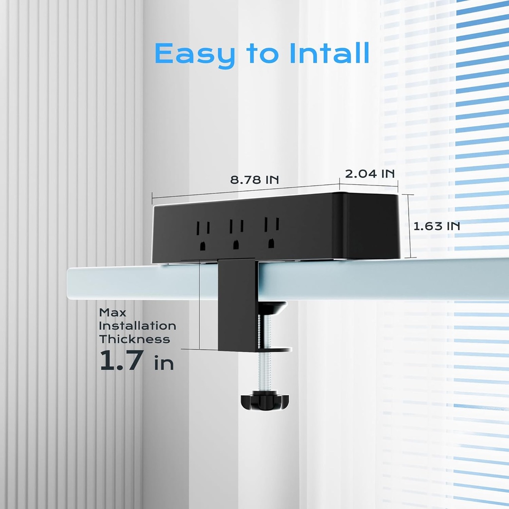ACOZVIN - Regleta de alimentación con abrazadera de escritorio 17 en 1 con estación de carga rápida de 40 W, enchufe plano de 10 pies 1200J, 9 salidas de CA, 8 puertos USB (4 USB C), toma de