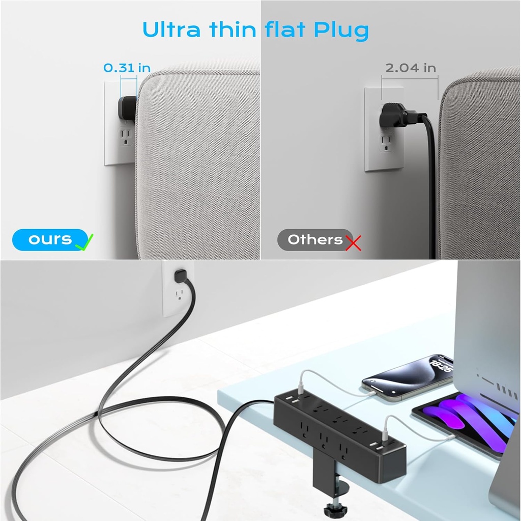 ACOZVIN - Regleta de alimentación con abrazadera de escritorio 17 en 1 con estación de carga rápida de 40 W, enchufe plano de 10 pies 1200J, 9 salidas de CA, 8 puertos USB (4 USB C), toma de