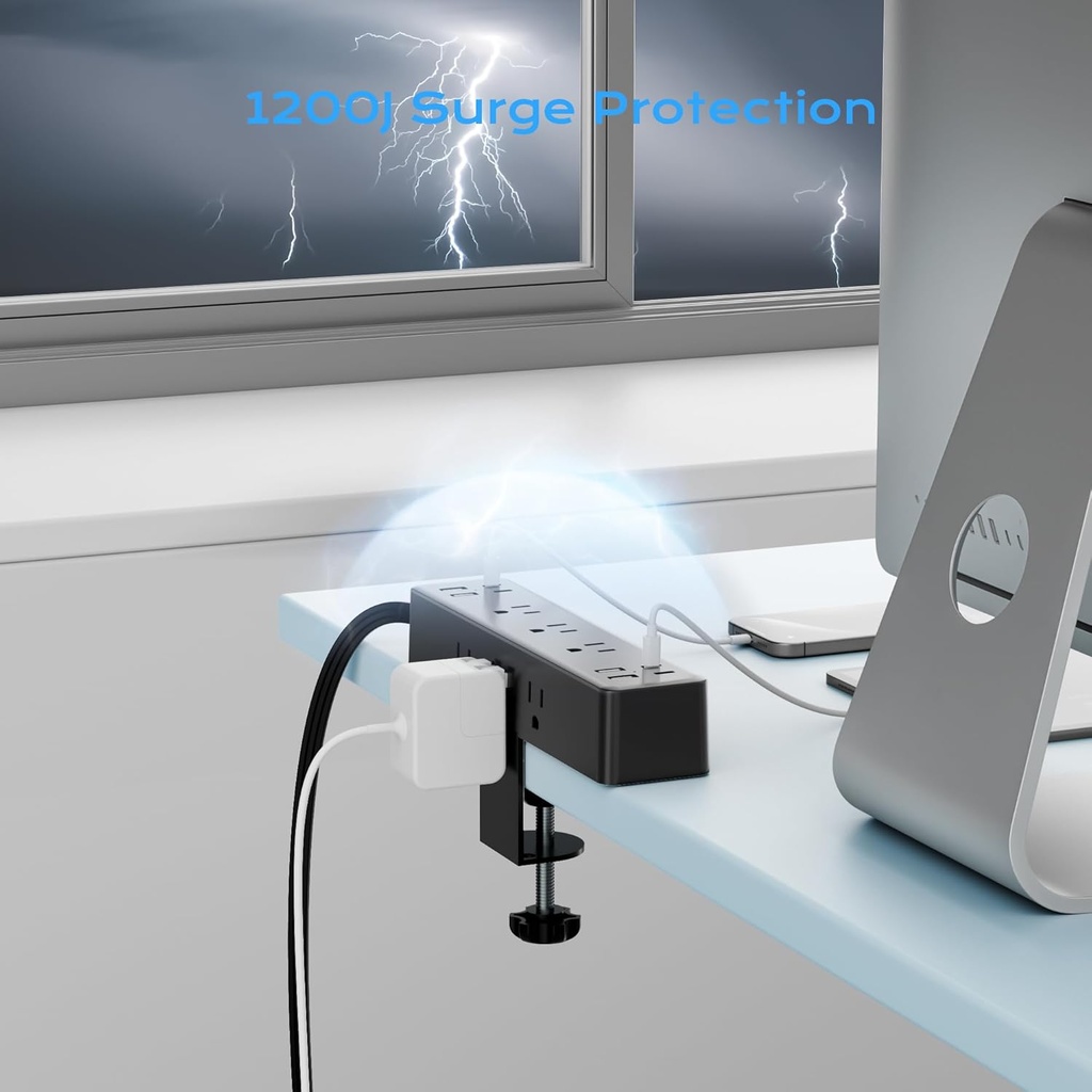 ACOZVIN - Regleta de alimentación con abrazadera de escritorio 17 en 1 con estación de carga rápida de 40 W, enchufe plano de 10 pies 1200J, 9 salidas de CA, 8 puertos USB (4 USB C), toma de
