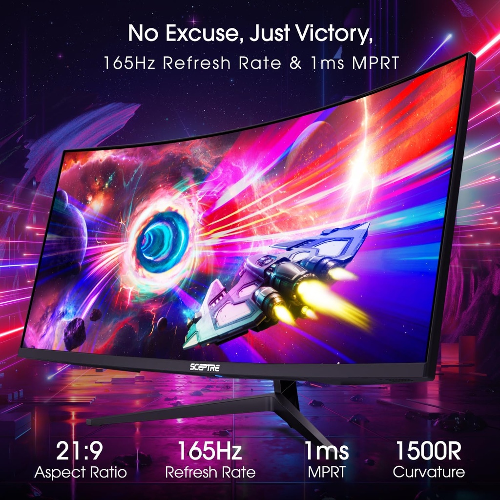 Sceptre Monitor WQHD ultraancho curvo de 34 pulgadas 3440 x 1440 R1500 hasta 165Hz DisplayPort x2 99% sRGB 1 ms imagen por imagen, negro máquina 2023 (C345B-QUT168)