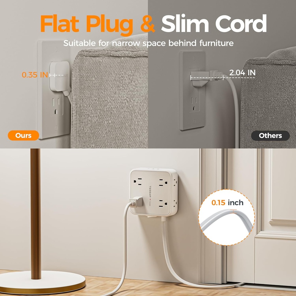 TESSAN - Tira de alimentación con protector de sobretensión, cable de extensión de enchufe plano de 5 pies con 3 USB (1 USB C) 8 salidas, 1250W, protección de 900J, extensor de salidas de 3 lados con