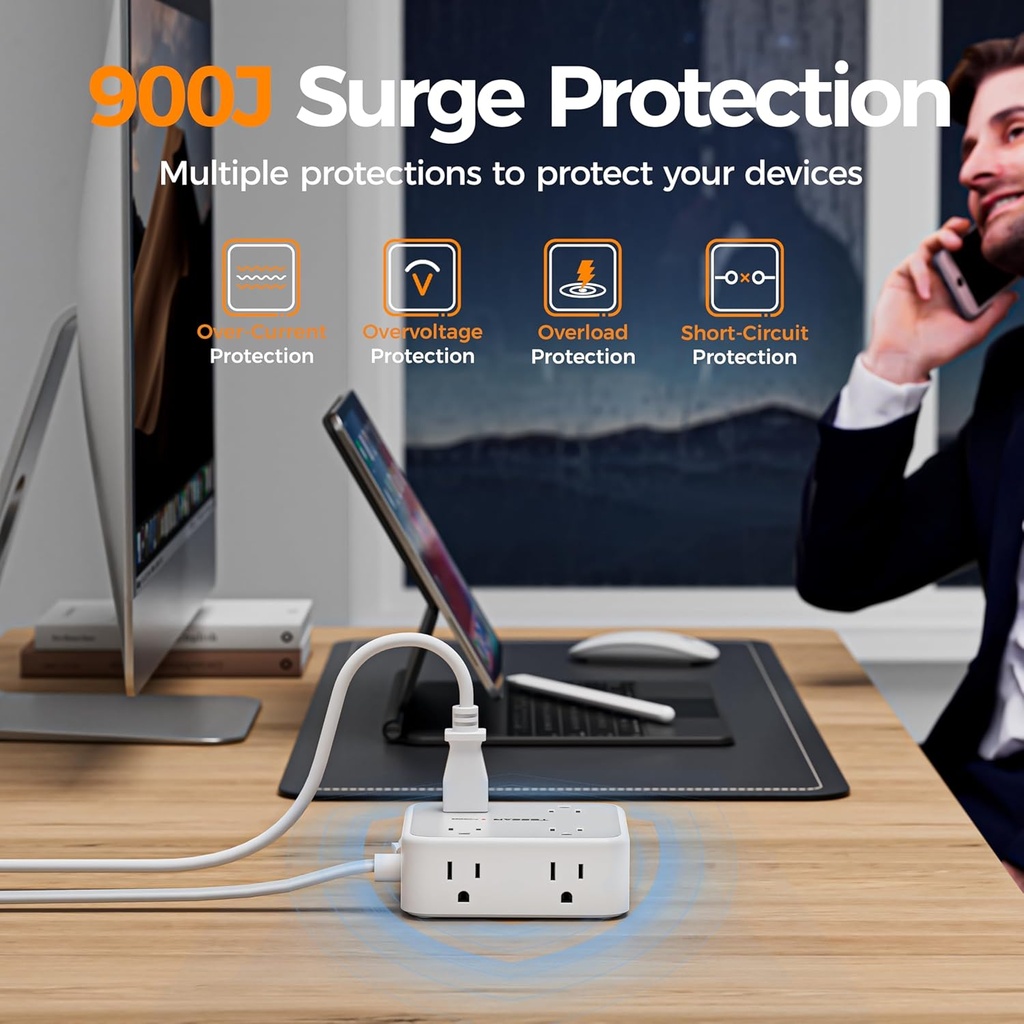 TESSAN - Tira de alimentación con protector de sobretensión, cable de extensión de enchufe plano de 5 pies con 3 USB (1 USB C) 8 salidas, 1250W, protección de 900J, extensor de salidas de 3 lados con