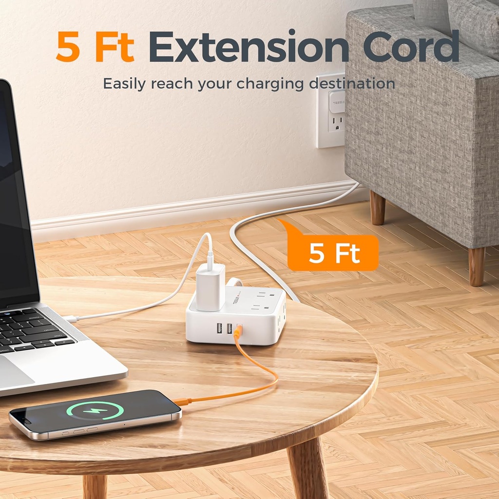 TESSAN - Tira de alimentación con protector de sobretensión, cable de extensión de enchufe plano de 5 pies con 3 USB (1 USB C) 8 salidas, 1250W, protección de 900J, extensor de salidas de 3 lados con