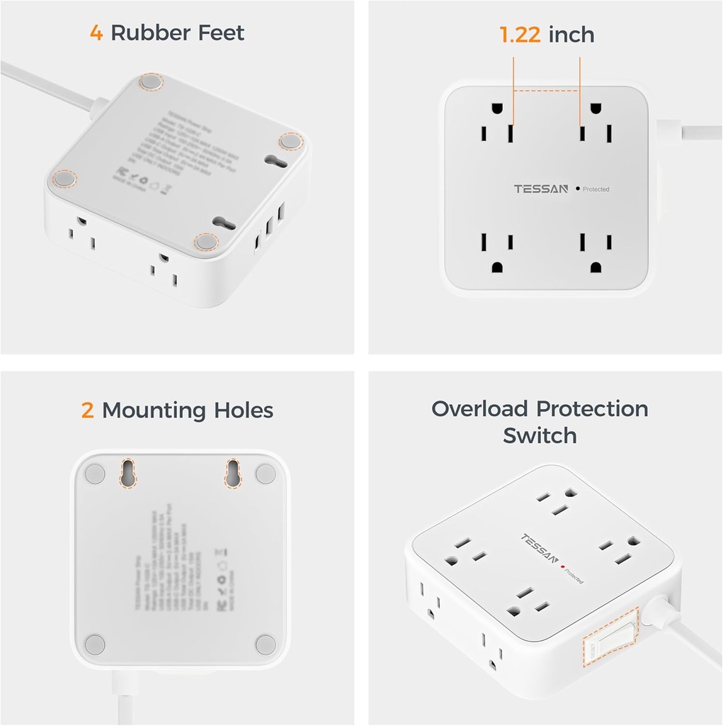 TESSAN - Tira de alimentación con protector de sobretensión, cable de extensión de enchufe plano de 5 pies con 3 USB (1 USB C) 8 salidas, 1250W, protección de 900J, extensor de salidas de 3 lados con