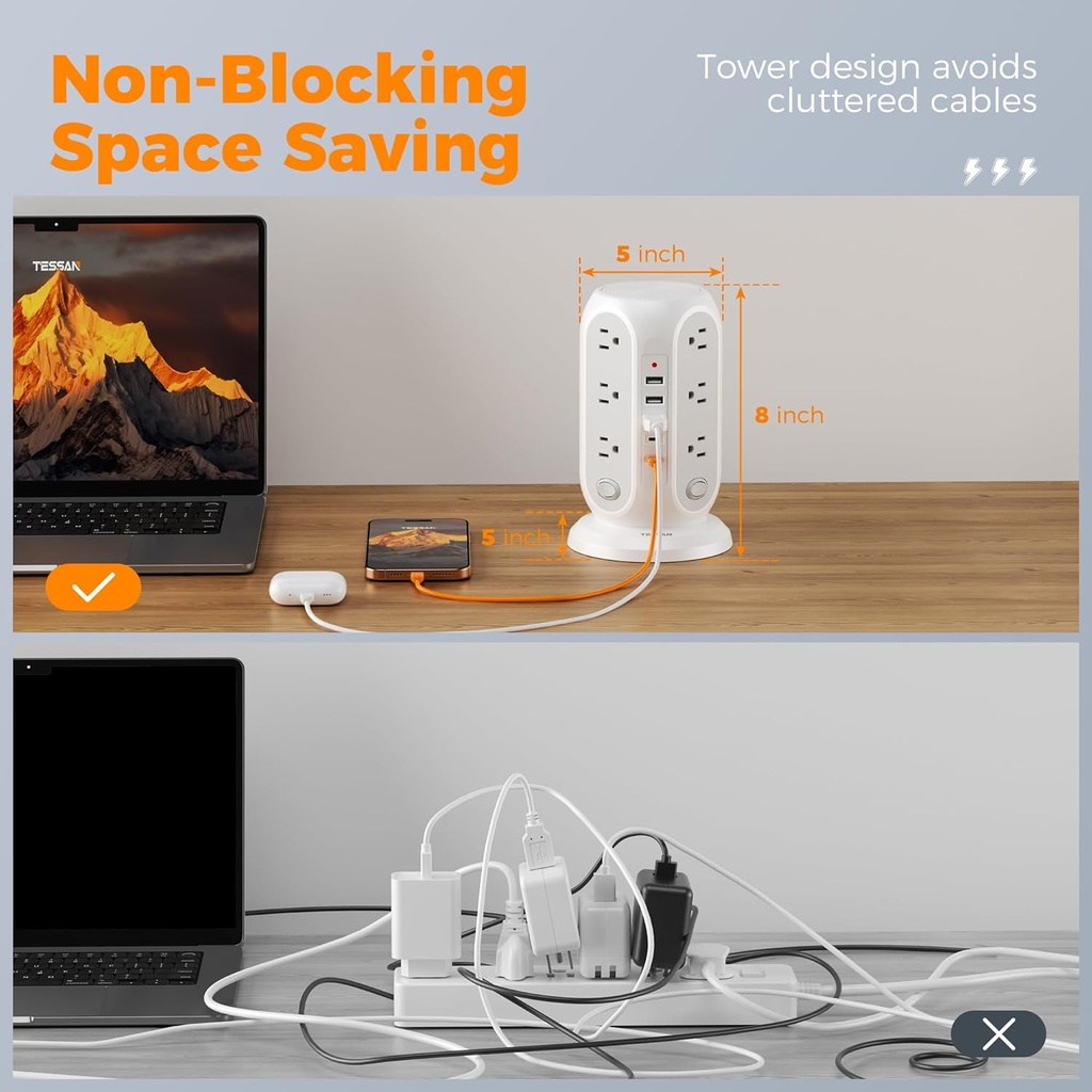 TESSAN Regleta de alimentación de torre con interruptores individuales, protector de sobretensiones con 12 tomas, 5 puertos USB (2 USB C), cable de extensión plano de 10 pies, 1250 W, estación de
