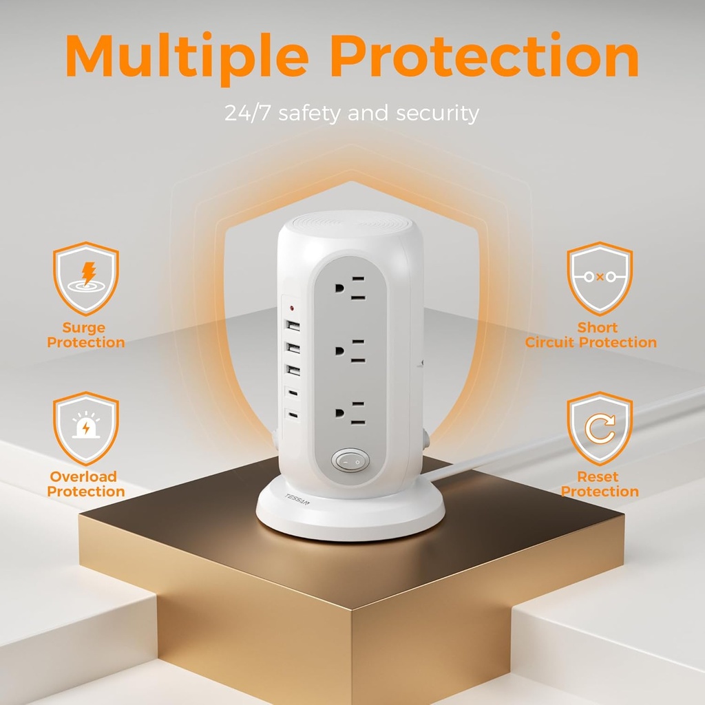 TESSAN Regleta de alimentación de torre con interruptores individuales, protector de sobretensiones con 12 tomas, 5 puertos USB (2 USB C), cable de extensión plano de 10 pies, 1250 W, estación de