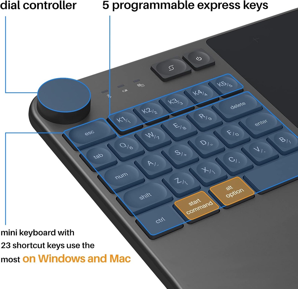 Tablet De Dibujo Inalámbrica HUION Inspiroy Keydial KD200 – Conexion Bluetooth - con dial de teclado, 5 teclas Personalizables, Pen sin batería.