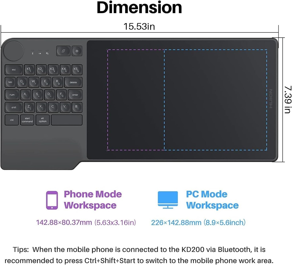 Tablet De Dibujo Inalámbrica HUION Inspiroy Keydial KD200 – Conexion Bluetooth - con dial de teclado, 5 teclas Personalizables, Pen sin batería.