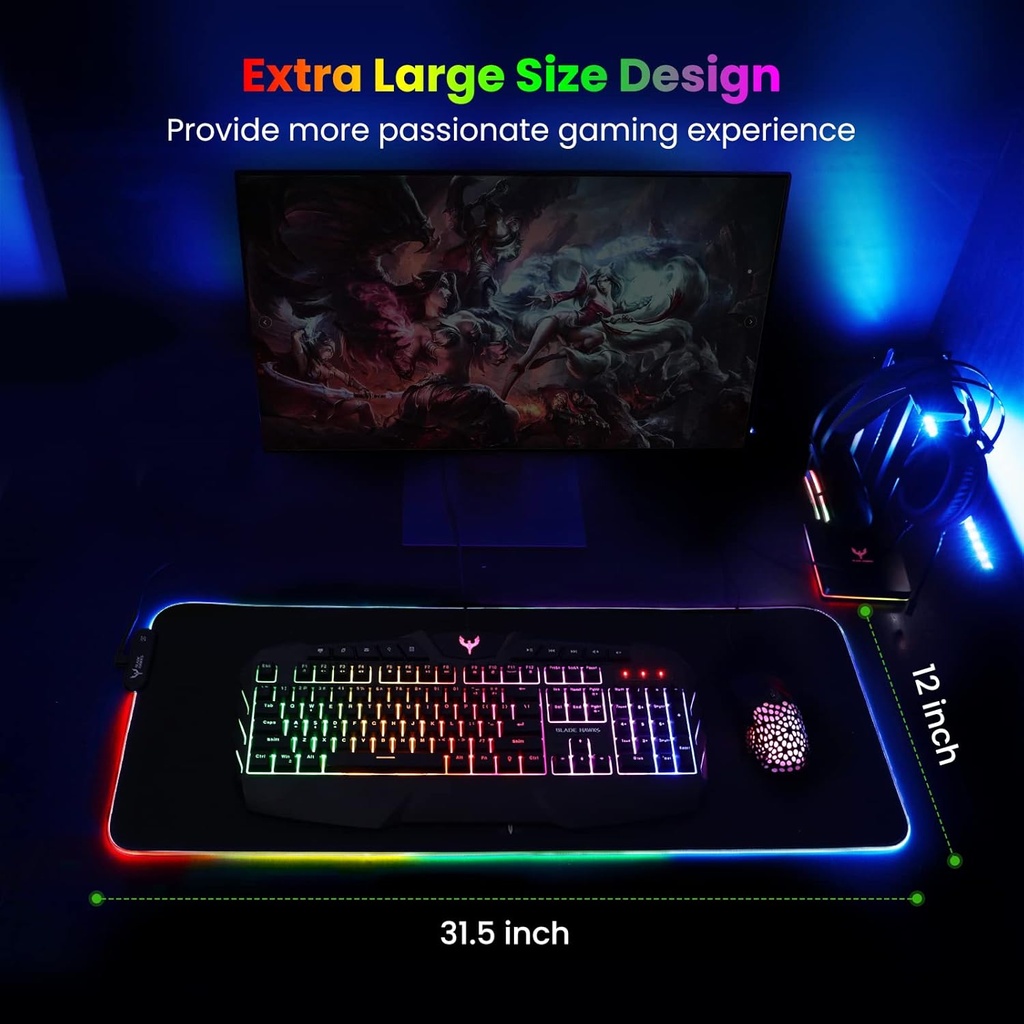 Tapete para mouse para videojuegos RGB para teclado de computadora, 31.5 x 12 pulgadas de Blade Hawks