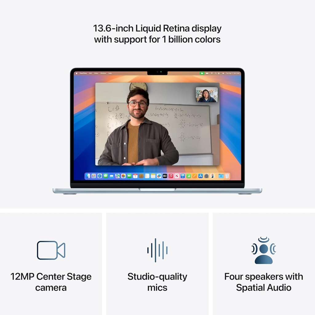 Apple Laptop MacBook Air 2025 de 13 pulgadas con chip M4: diseñada para Apple Intelligence, pantalla de retina líquida de 13.6 pulgadas, memoria unificada de 16 GB, almacenamiento SSD de 512 GB, cámara central de escenario de 12 MP, Touch ID, azul cielo