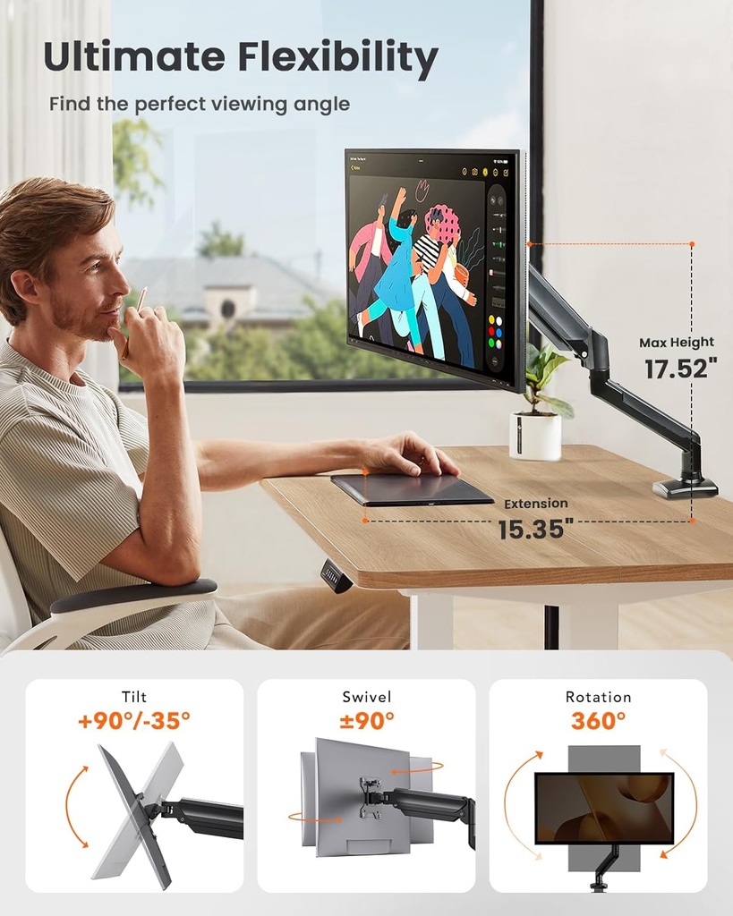 ErGear Brazo de monitor único para pantallas de 13 a 34 pulgadas, de gas ajustable