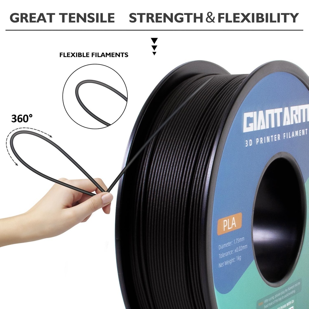 GIANTARM Filamento de ácido poliláctico, precisión dimensional de 1.75 mm +/-0.02mm, 2 carretes de 1 kg (2.2 libras) para la mayoría de impresoras 3D FDM, total 2 Kg, negro y gris 