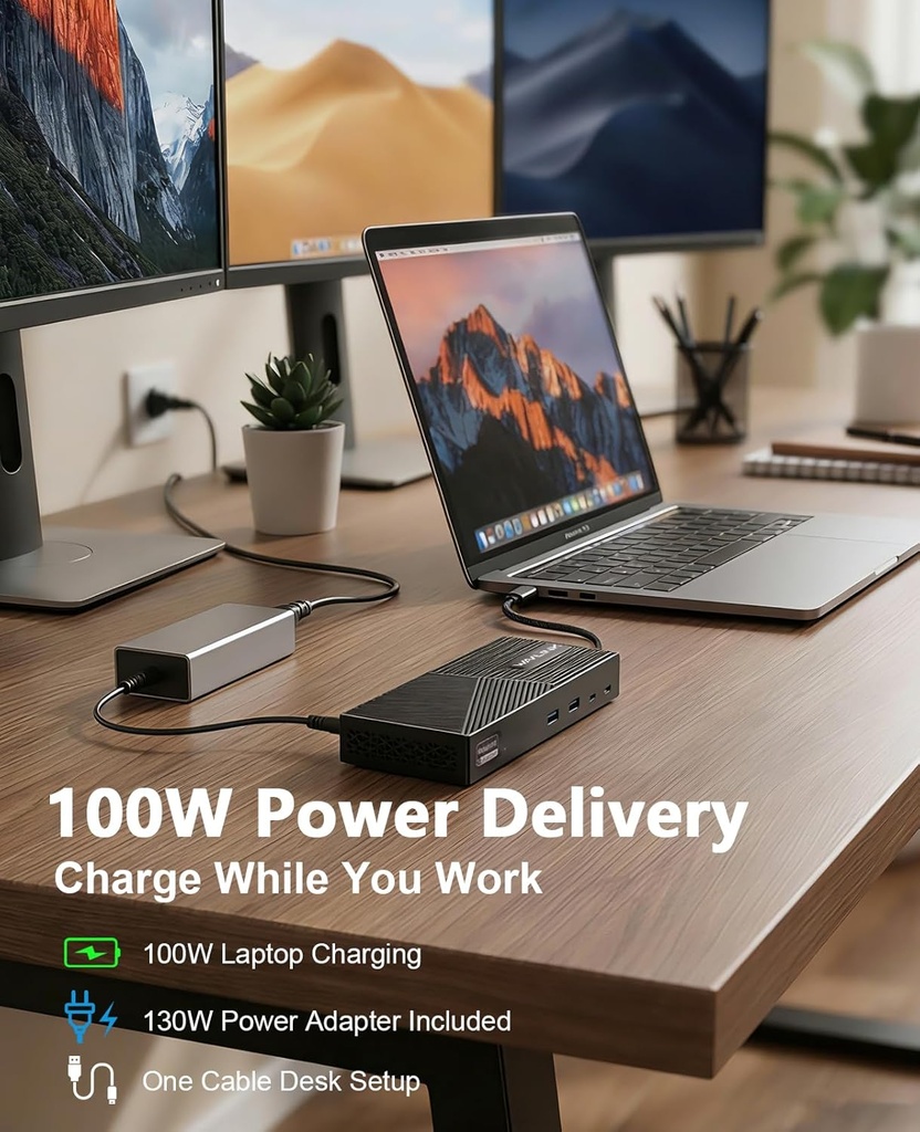 WAVLINK Estación de acoplamiento de triple monitor USB-C para MacBook M1/M2/M3/M4/M5 y Windows – 100 W PD, 3 puertos HDMI/2 DisplayPort, puertos USB de 6 x 10 Gbps, Gigabit Ethernet, ideal para