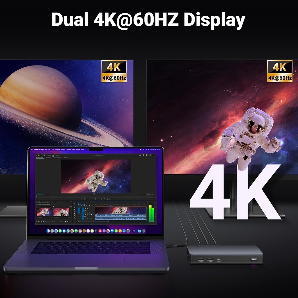 UGREEN Estación de acoplamiento USB C, DisplayLink 9 en 1, Revodok Pro 209, base de monitor dual 4K a 60hz para MacBook y Windows con 2 DP y 2 HDMI, puertos de datos USB C y USB-A de 10 Gbps, 100 W PD 