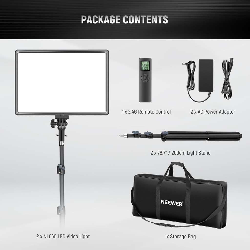 Neewer Kit de iluminación LED de 18 pulgadas con panel de luz de video con control remoto, paquete de 2 unidades de 45 W regulable bicolor + soporte de trípode, luz suave CRI 97+ 4800Lux para juegos