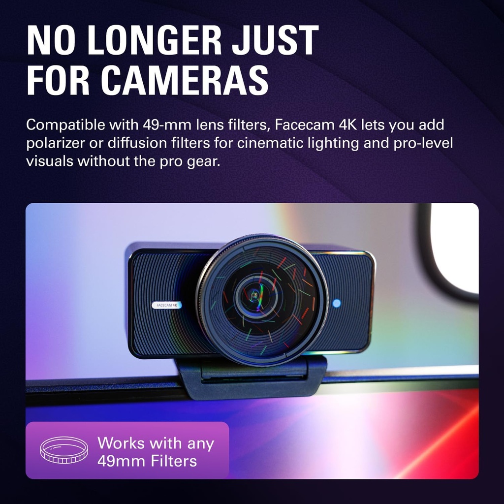 Elgato Facecam 4K - Webcam de estudio 4K60, control tipo DSLR, efectos cinematográficos, filtros de lente de 49mm, HDR, video sin comprimir, área de enfoque optimizada | USB-C para PC y Mac