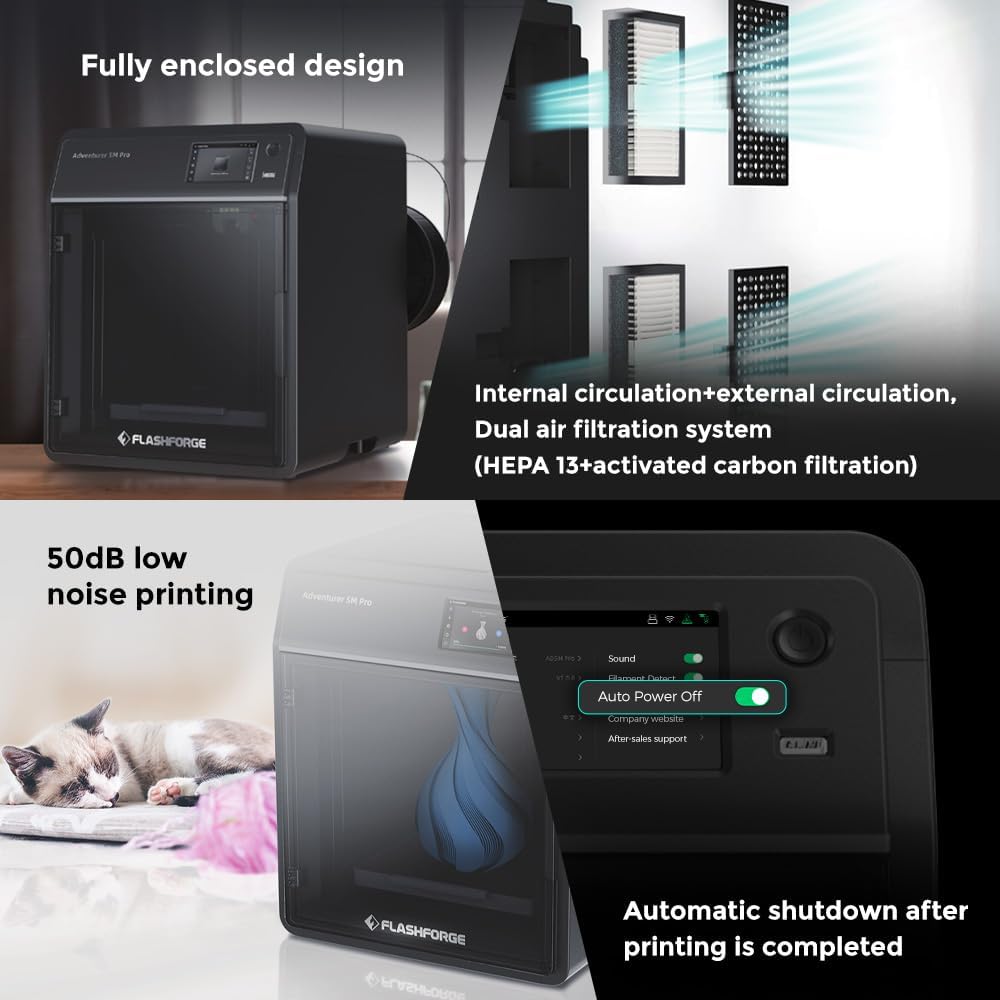 FlashForge Adventurer 5M Pro impresora 3D - Impresión ultrarrápida de 600mm/s, nivelación automática, doble filtración, silenciosa y cerrada (50dB), volumen de construcción 220x220x220mm