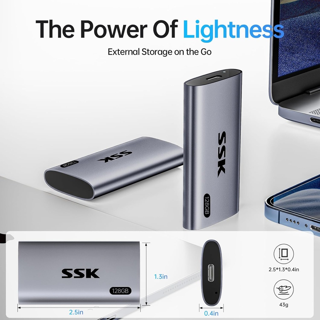 SSK Disco duro externo SSD de 128 GB, SSD portátil de hasta 550 MB/s, unidades de estado sólido rápidas, unidad externa USB 3.2 Gen2 para iPhone 15/Pro, Windows, Mac, Android con luz LED, Trim, Smart