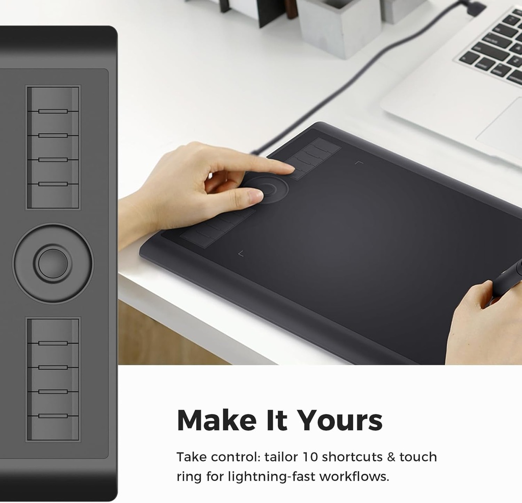 GAOMON M10K - Tableta de dibujo, tableta gráfica grande de 10 x 6 pulgadas con anillo táctil, 8192 niveles sin batería, 10 teclas de acceso rápido, tableta artística para diseño, escritura, edición,