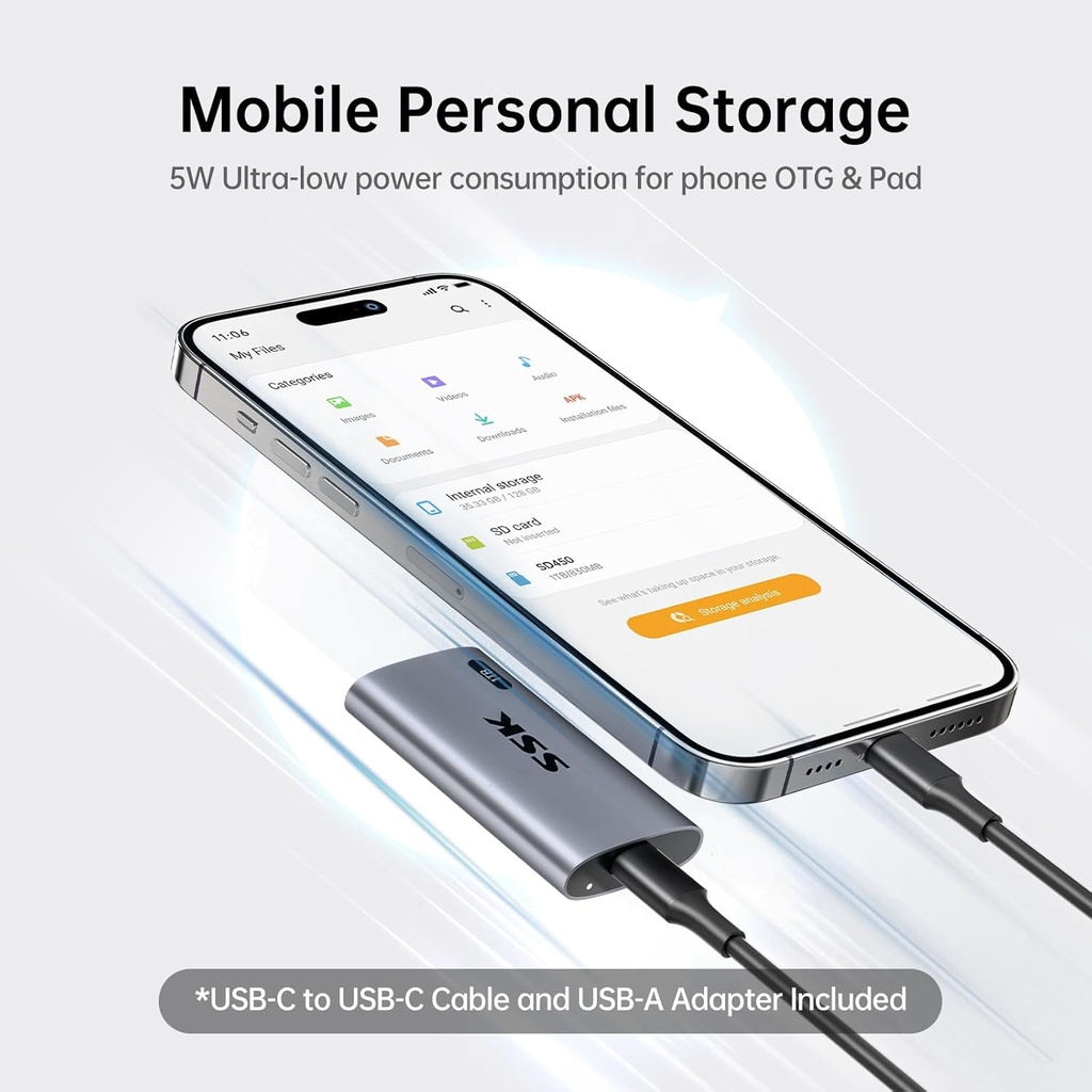 SSK Disco Duro Externo SSD de 1TB, SSD Portátil de Hasta 550MB/s Unidades de Estado Sólido Rápidas, Unidad Externa USB 3.2 Gen2 para iPhone 15/Pro, Windows, Mac, Android con Luz LED, Trim, Smart