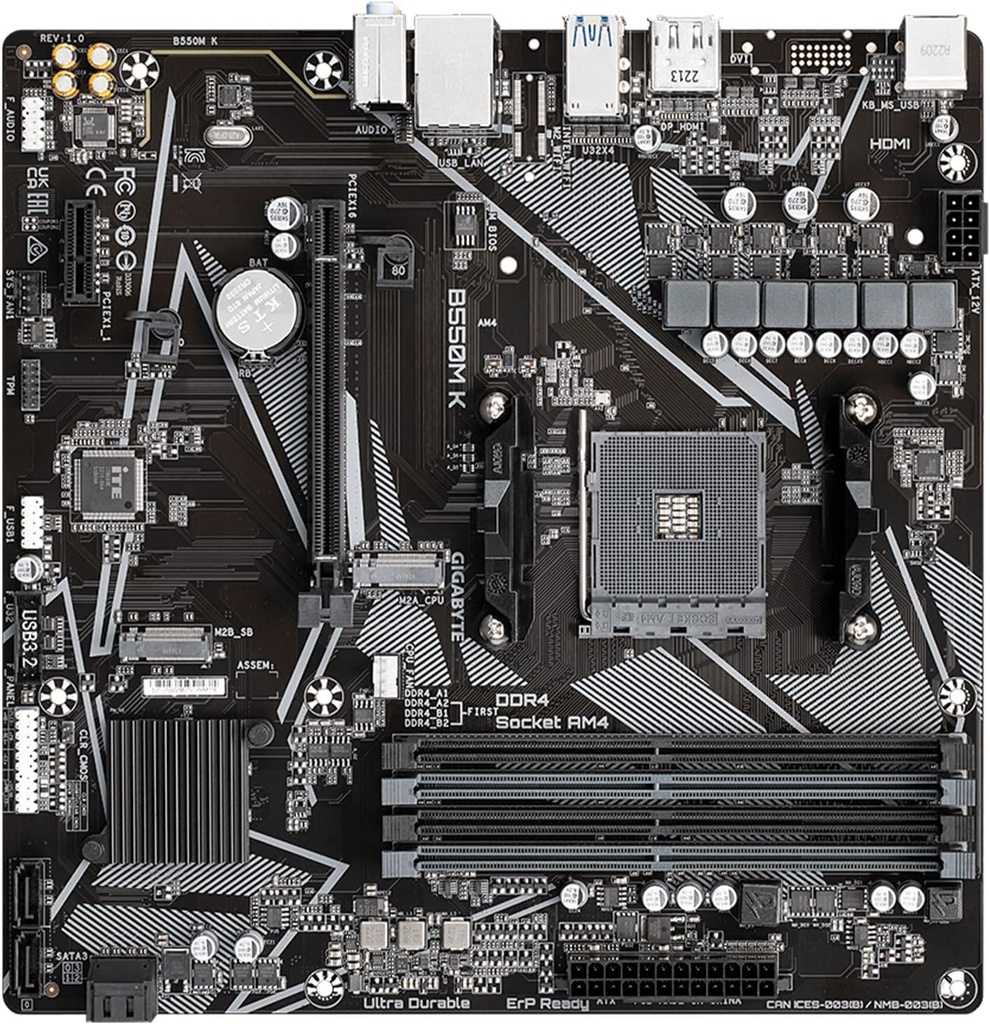 GIGABYTE B550M K - Tarjeta madre compatible con AM4/AMD/B550/Micro-ATX/Dual M.2/SATA 6Gb/s/USB 3.2 Gen 1/Realtek GbE LAN/PCIe 4.0
