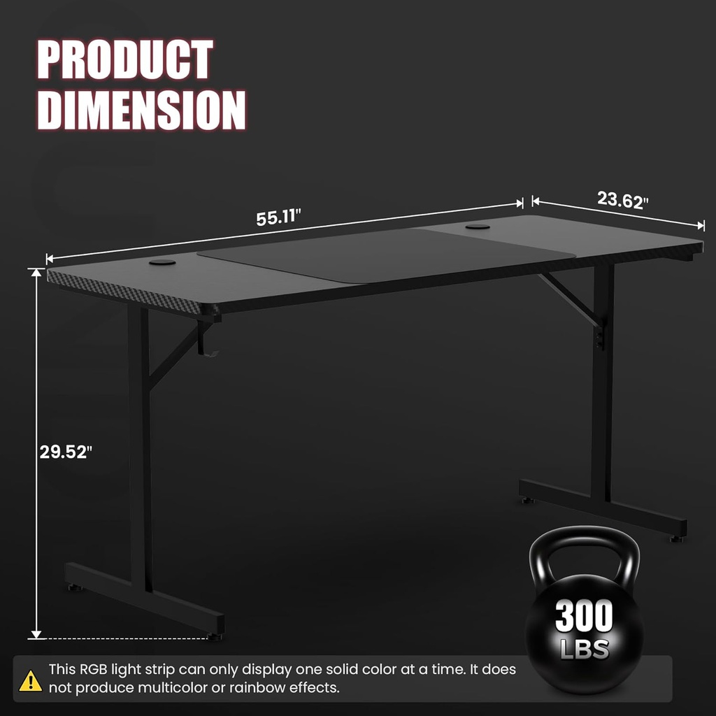 GTRACING Escritorio para juegos de 55 pulgadas con luces LED, escritorio grande para computadora con alfombrilla para mouse para oficina en casa, superficie de fibra de carbono en forma de T