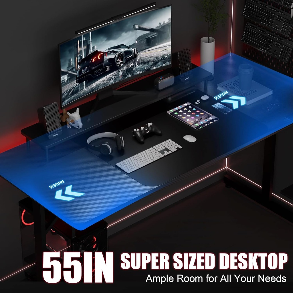 GTRACING Escritorio para juegos de 55 pulgadas con luces LED, escritorio grande para computadora con alfombrilla para mouse para oficina en casa, superficie de fibra de carbono en forma de T