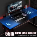 GTRACING Escritorio para juegos de 55 pulgadas con luces LED, escritorio grande para computadora con alfombrilla para mouse para oficina en casa, superficie de fibra de carbono en forma de T