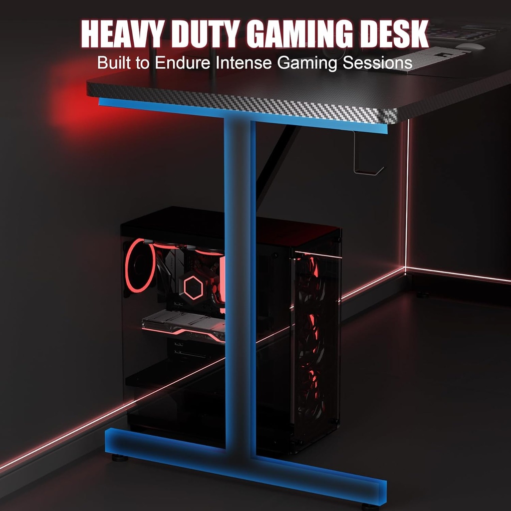 GTRACING Escritorio para juegos de 55 pulgadas con luces LED, escritorio grande para computadora con alfombrilla para mouse para oficina en casa, superficie de fibra de carbono en forma de T
