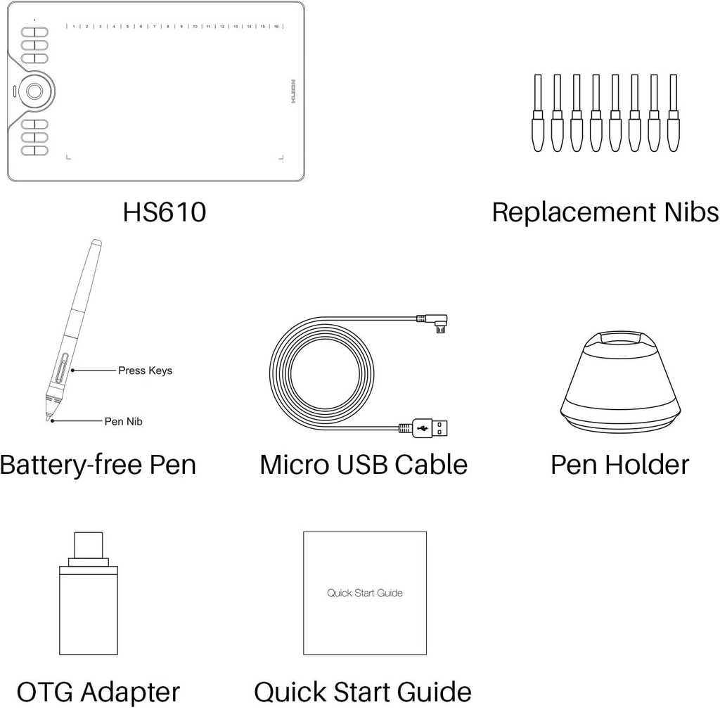 HUION Tableta de dibujo HS610 con lápiz óptico sin batería 8192 función de inclinación de presión