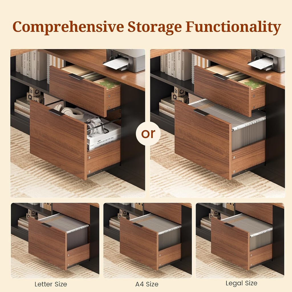Escritorio de pie en forma de L de altura ajustable, escritorio de oficina eléctrico de 53 pulgadas con cajones de archivos y estantes de almacenamiento, escritorio de esquina para computadora con tomas de corriente, tablero de clavijas, 6 ganchos, negro y nogal 