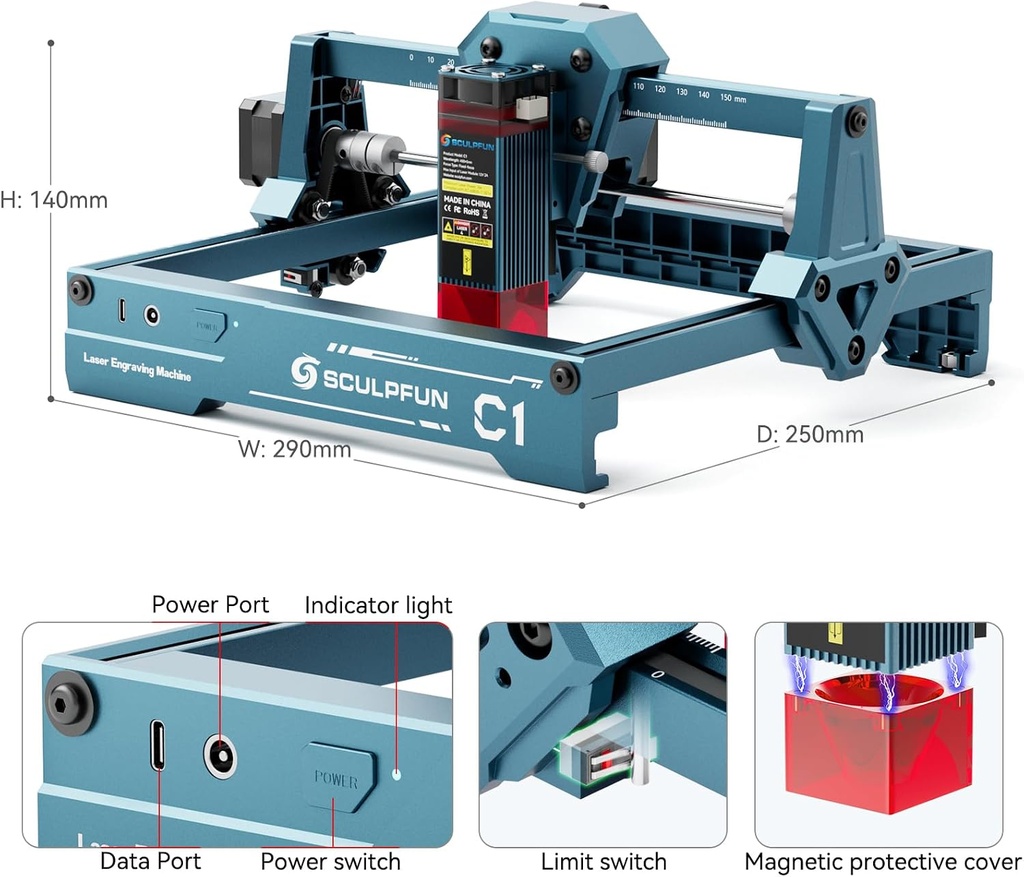 SCULPFUN Mini máquina de grabado láser C1 - Grabador láser portátil de 3 W para principiantes, 0.002 in de alta precisión, Plug and Play, ideal para bricolaje madera, acrílico y cuero, área de grabado de 5.906 x 5.118 in 